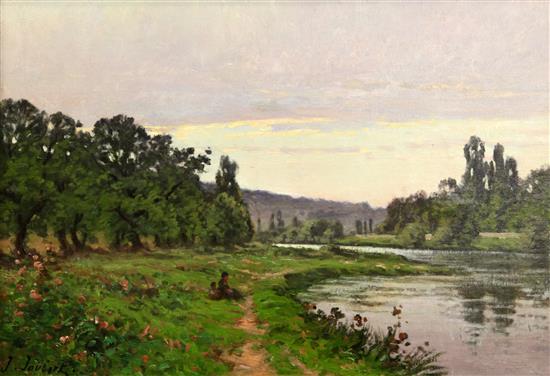 Léon Joubert (1851-1928) River landscape with figures on the bank, 15 x 21.75in.